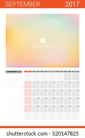 September 2017 calendar with space for picture and blank lines for writing notes