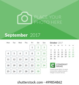 September 2017. Calendar for 2017 Year. Week Starts Monday. 2 Months on Page. Vector Design Print Template with Place for Photo and Company Logo