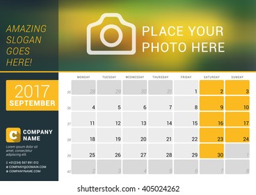 September 2017. Desk Calendar for 2017 Year. Vector Design Print Template with Place for Photo, Logo and Contact Information. Week Starts Monday. Calendar Grid with Week Numbers and Place for Notes
