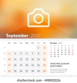 September 2017. Desk Calendar for 2017 Year. Week Starts Sunday. 2 Months on Page. Vector Design Print Template with Place for Photo