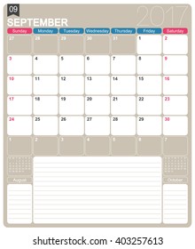 September 2017, English printable monthly calendar template, week starts on Sunday.