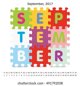Calendario de rompecabezas de septiembre de 2017 - ilustración vectorial