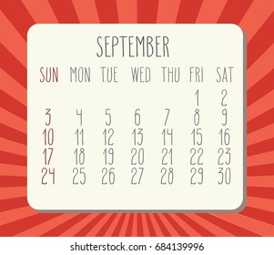 September 2017 vector calendar with hand drawn text over bright red background with rays of light. Week starting from Sunday.