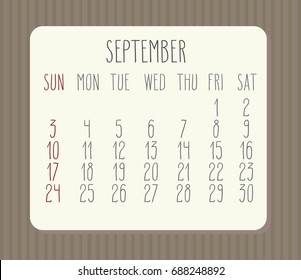 September 2017 vector calendar with hand drawn text over brown striped background. Week starting from Sunday.