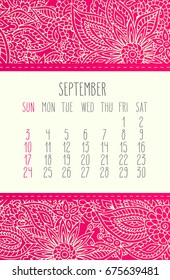 September 2017 vector calendar over pink lacy doodle hand drawn background, week starting from Sunday.