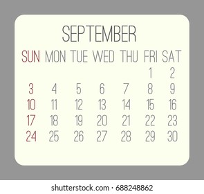 September 2017 vector calendar. Week starting from Sunday. Beige rounded rectangle over gray background.