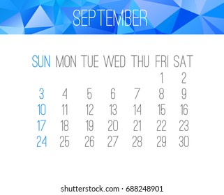 September 2017 vector calendar. Week starting from Sunday. Contemporary low poly design in blue color.