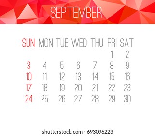 September 2017 vector calendar. Week starting from Sunday. Contemporary low poly design in red color.