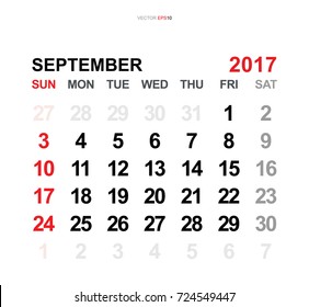 September 2017. Vector monthly calendar template 2017 year in simple style for template design. Week starts from Sunday.