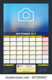 September 2017. Wall Calendar for 2017 Year. Vector Design Print Template with Place for Photo. Dark Background. Week Starts Monday. 3 Months on Page. Planner Template. Stationery Design