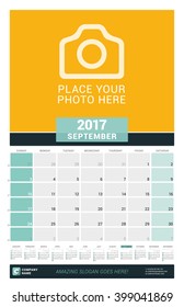 September 2017. Wall Monthly Calendar for 2017 Year. Vector Design Print Template with Place for Photo and Year Calendar. Week Starts Sunday
