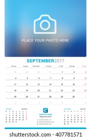 September 2017. Wall Monthly Calendar for 2017 Year. Vector Design Print Template with Place for Photo. Week Starts Monday. 3 Months on Page