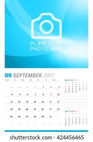 September 2017. Wall Monthly Calendar for 2017 Year. Vector Design Print Template with Place for Photo. Week Starts Monday. 3 Months on Page. Planner Template. Stationery Design
