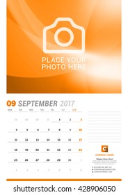September 2017. Wall Monthly Calendar for 2017 Year. Vector Design Print Template with Place for Photo. Week Starts Monday. Planner Template. Stationery Design