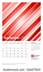 September 2017. Wall Monthly Calendar for 2017 Year. Vector Design Print Template with Abstract Red Background. Week Starts Sunday. 2 Months on Page