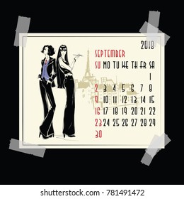 September. 2018 American and Canadian calendar with fashion girl in sketch style.