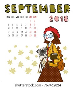 September. 2018 calendar. Cute girl with dog. Can be used like greeting cards.