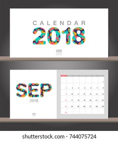 September 2018 Calendar. Desk Calendar modern design template with paper cut styles. Week starts on Sunday. Vector illustration.