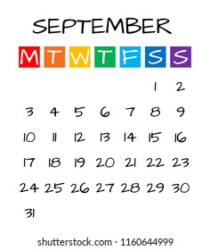 september 2018 calendar, kids style vector illustration