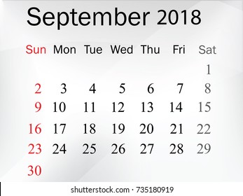 September  2018 calendar on white background. Vector EPS10.