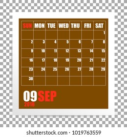 September 2018 calendar photo frame on transparent background. Autumn month. Vector illustration