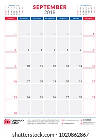 September 2018. Calendar planner design template. Portrait orientation. Week starts on Sunday. Stationery design