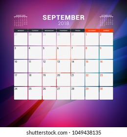 September 2018. Calendar planner design template with abstract background. Week starts on Monday