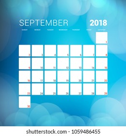September 2018. Calendar planner design template with abstract background. Week starts on Sunday
