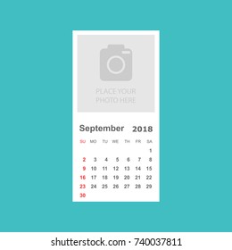 September 2018 calendar. Calendar planner design template with place for photo. Week starts on sunday. Business vector illustration.