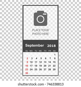 September 2018 calendar. Calendar planner design template with place for photo. Week starts on sunday. Business vector illustration.
