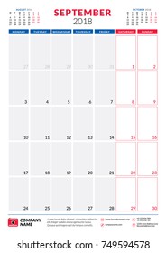 September 2018. Calendar planner design template. Portrait orientation. Week starts on Monday. Stationery design