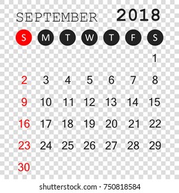September 2018 calendar. Calendar planner design template. Week starts on Sunday. Business vector illustration.
