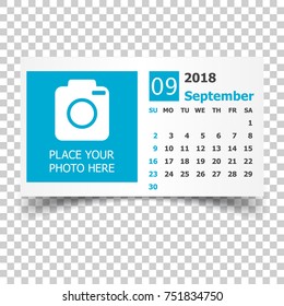 September 2018 calendar. Calendar planner design template with place for photo. Week starts on sunday. Business vector illustration.