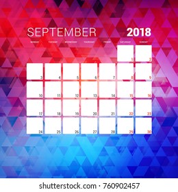 September 2018. Calendar planner design template with abstract background. Week starts on Monday