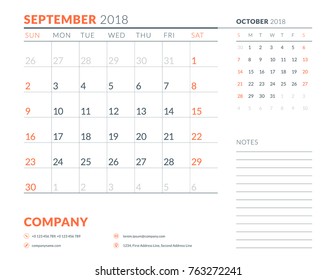 September 2018. Calendar planner design template. Week starts on Sunday. Stationery design