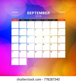 September 2018. Calendar planner design template with abstract background. Week starts on Sunday