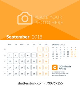 September 2018. Calendar print template for 2018 year. Week starts on Monday. Vector design template with place for photo