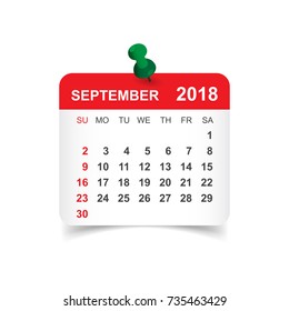 September 2018 calendar. Calendar sticker design template. Week starts on Sunday. Business vector illustration.