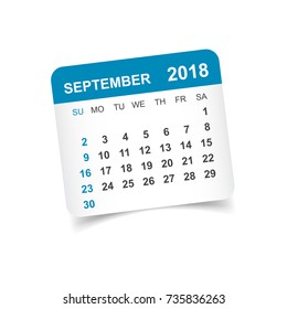 September 2018 calendar. Calendar sticker design template. Week starts on Sunday. Business vector illustration.