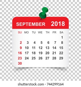 September 2018 calendar. Calendar sticker design template. Week starts on Sunday. Business vector illustration.