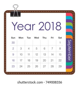September 2018 calendar vector illustration, simple and clean design.