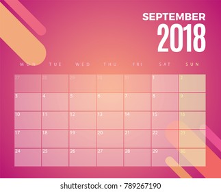 September 2018 Calendar. Vector schedule planner template design