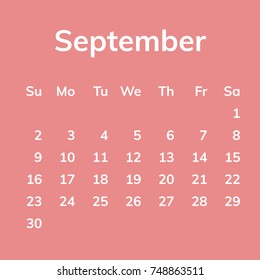 September 2018 calendar, week starts on Sunday. Flat vector illustration