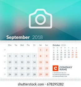 September 2018. Calendar for 2018 Year. Week Starts on Monday. 2 Months on Page. Vector Design Print Template with Place for Photo and Company Information