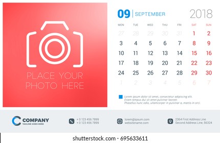 September 2018. Desk calendar design template with place for photo. Week starts on Monday. Vector Illustration