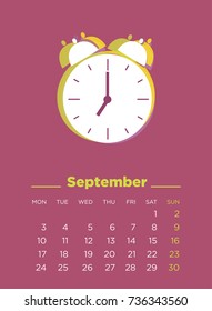 September 2018 Illustrated Calendar. Vector illustration.