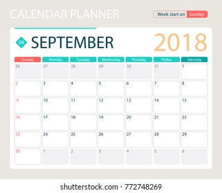 SEPTEMBER 2018, illustration vector calendar or desk planner, weeks start on Sunday, size of paper for printing A4.