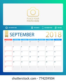 SEPTEMBER 2018, illustration vector calendar or desk planner, weeks start on Sunday, size of paper for printing A4. Blue is a green color.