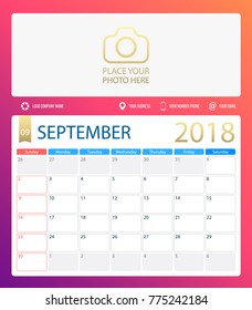 SEPTEMBER 2018, illustration vector calendar or desk planner, weeks start on Sunday, size of paper for printing A4. Purple pink color.