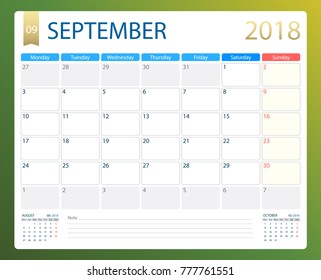 SEPTEMBER 2018, illustration vector calendar or desk planner, weeks start on Monday, size of paper for printing.